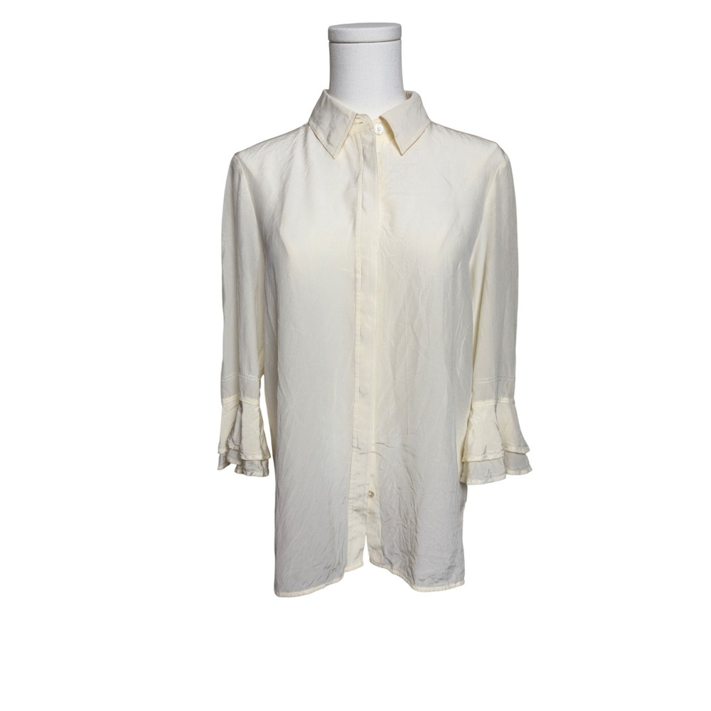 Tory Burch Silk Ruffle Cuff Blouse Cream Ivory Button Down Shirt Size 8 49863